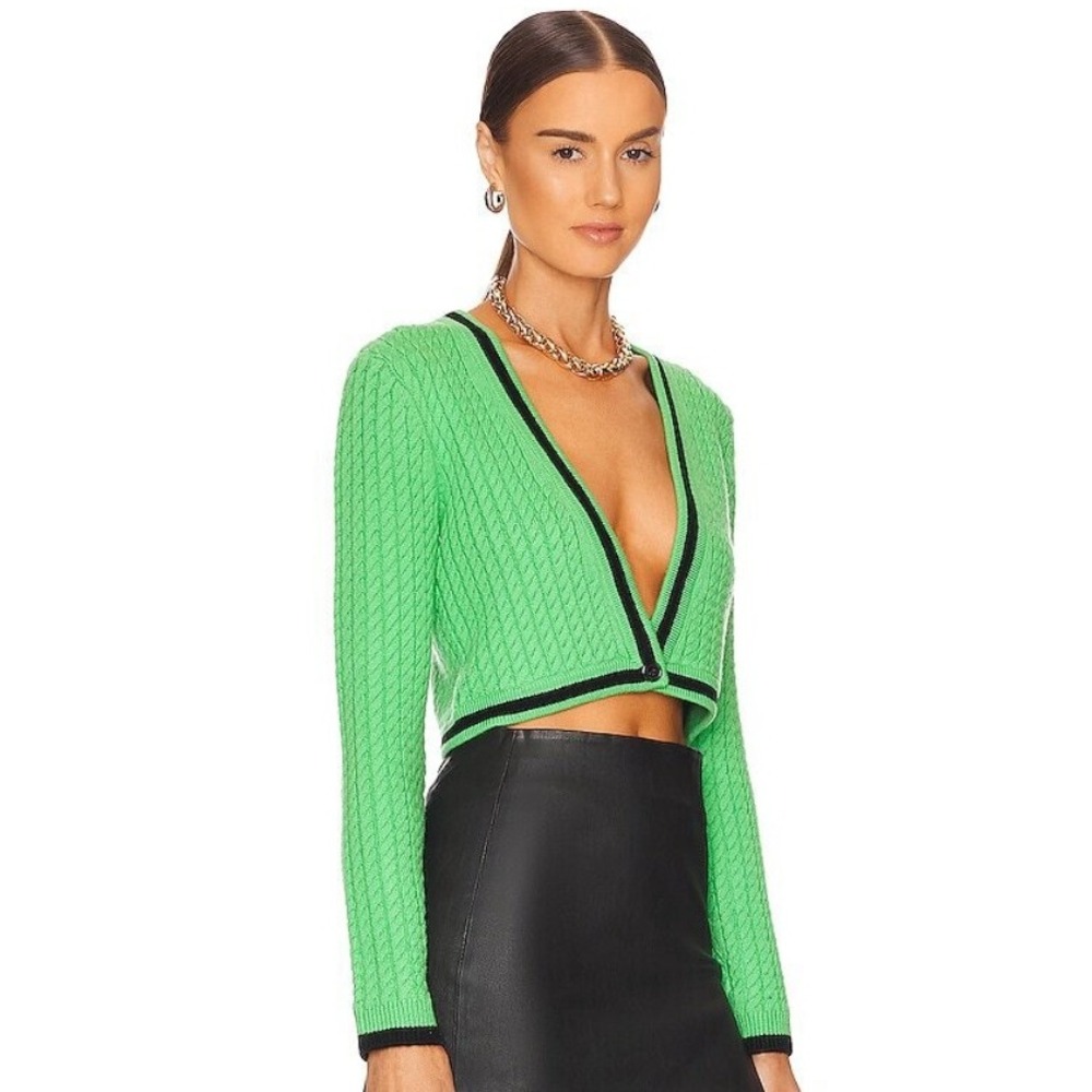 Alice + Olivia Jenae Cropped Cable Wool Cardigan Academia Luxury Preppy
